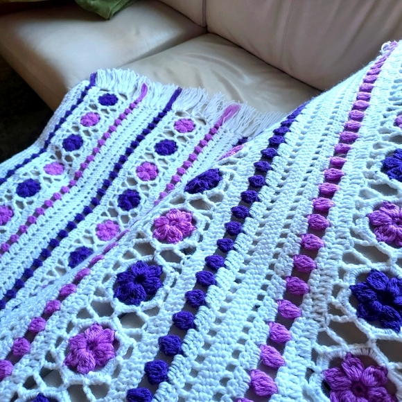 Hand Crocheted Blanket: Purple on White background:Size 105" x 68" approx - Picture 5 of 11